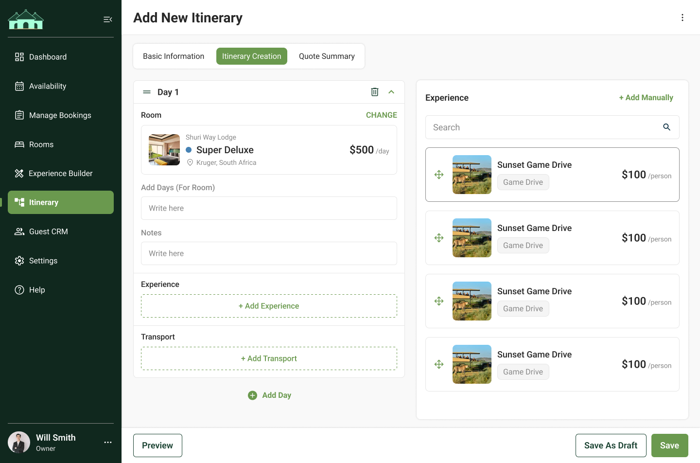Trip Builder - Visual itinerary creation with drag-and-drop functionality and instant pricing.